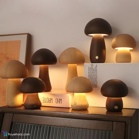 Rechargeable Wooden Mushroom Table Lamp – Elegant, Warm & Touch-Controlled Light